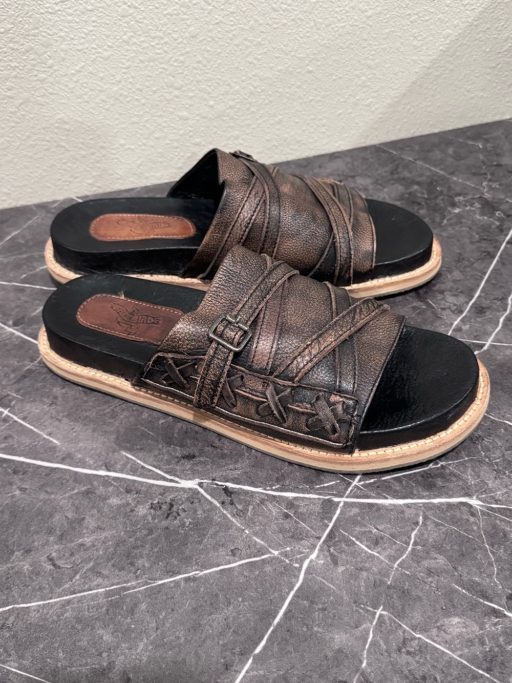 Freebird by Steven Fleetwood Brown Leather Double Strap Slide Sandals Size 10